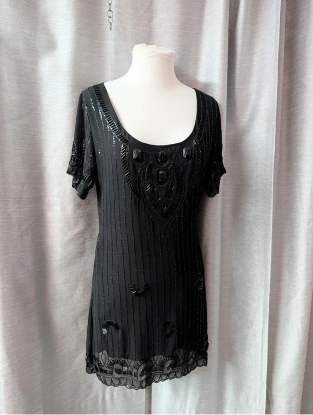 Black Beaded Mini Flapper Party Dress S